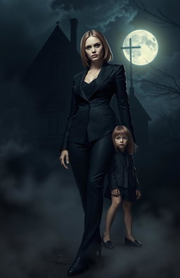 A dark and mysterious manor looms in the background, illuminated by the moonlight, casting eerie shadows