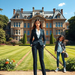 A large, imposing manor stands majestically in the background, showcasing ornate architectural details and sprawling gardens