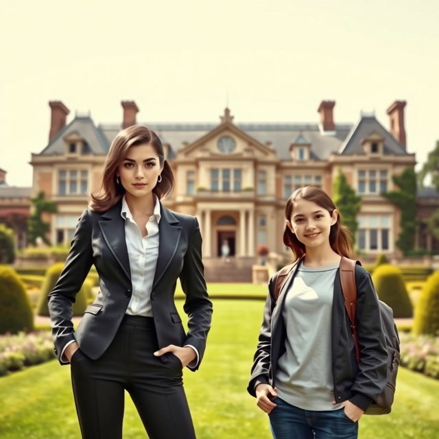 A large, imposing manor stands majestically in the background, showcasing ornate architectural details and sprawling gardens