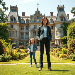 A large, imposing manor stands majestically in the background, showcasing ornate architectural details and sprawling gardens