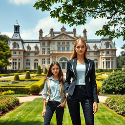 A large, imposing manor stands majestically in the background, showcasing ornate architectural details and sprawling gardens