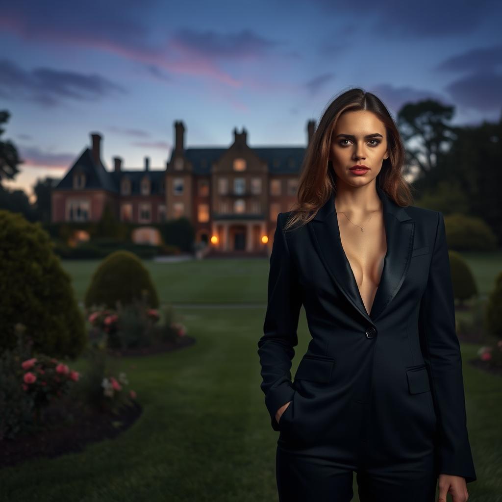 A large, imposing manor stands majestically in the background, surrounded by lush greenery under a twilight sky