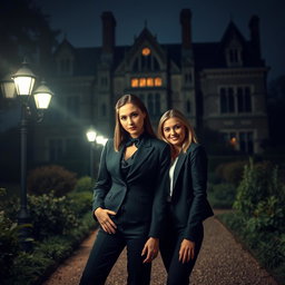 A large, imposing manor stands majestically in the background, its gothic architecture enhancing the atmosphere of mystery