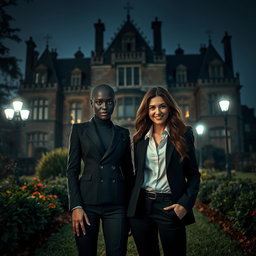 A large, imposing manor stands majestically in the background, its gothic architecture enhancing the atmosphere of mystery