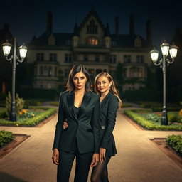 A large, imposing manor stands majestically in the background, its gothic architecture enhancing the atmosphere of mystery