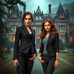 A large, majestic manor looms in the background, exuding a sense of mystery with its gothic architecture and lush surroundings