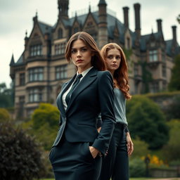 A large, majestic manor looms in the background, exuding a sense of mystery with its gothic architecture and lush surroundings