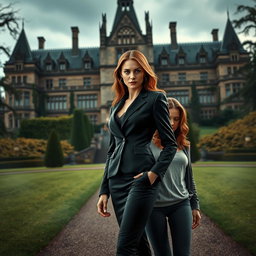A large, majestic manor looms in the background, exuding a sense of mystery with its gothic architecture and lush surroundings