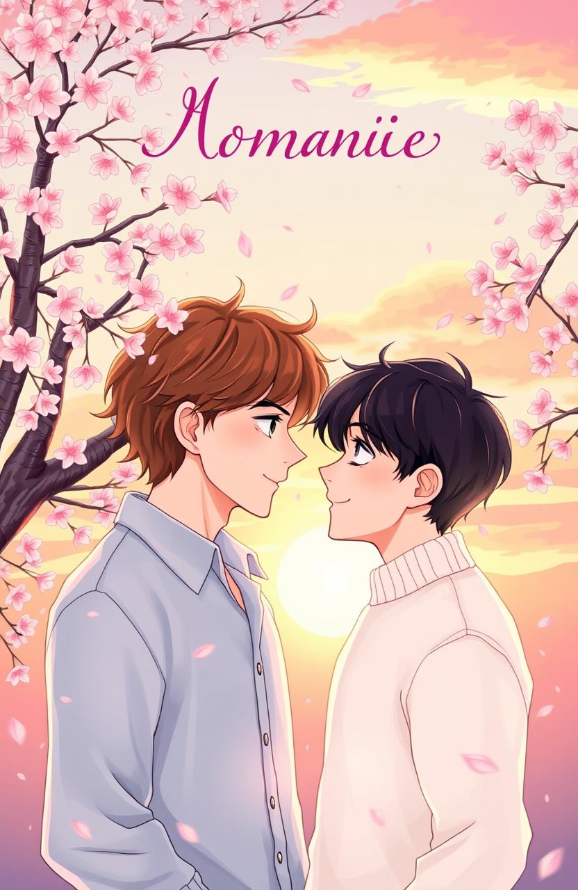A romantic cover illustration featuring two young men in love