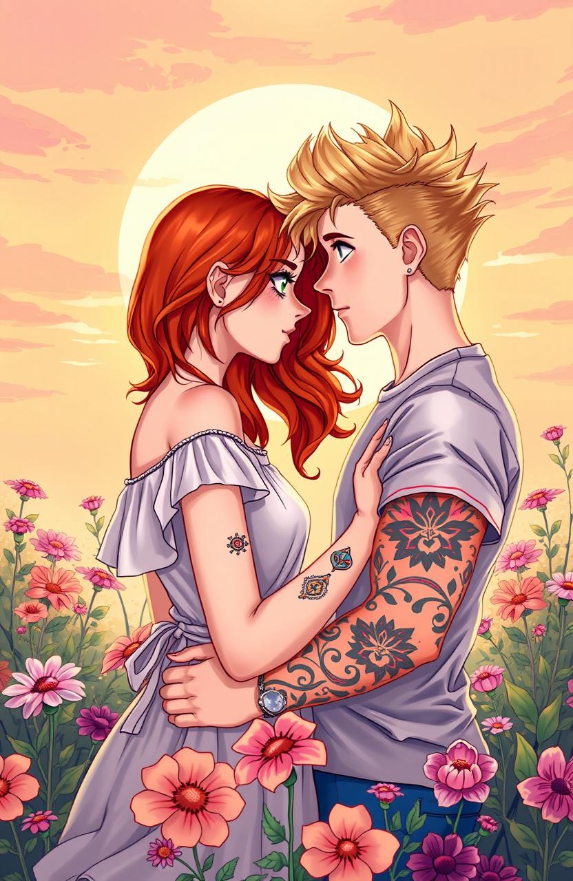 A romantic cover illustration featuring a beautiful redhead girl and a handsome blonde tattooed boy, both looking deeply into each other's eyes with affection