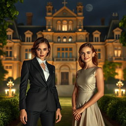 A large, magnificent manor stands in the background, showcasing stunning architecture and a sense of allure