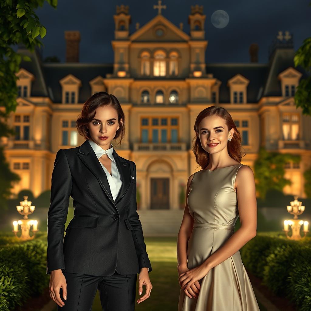 A large, magnificent manor stands in the background, showcasing stunning architecture and a sense of allure