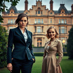 A large, magnificent manor stands in the background, showcasing stunning architecture and a sense of allure