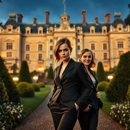 A large, magnificent manor stands in the background, showcasing stunning architecture and a sense of allure