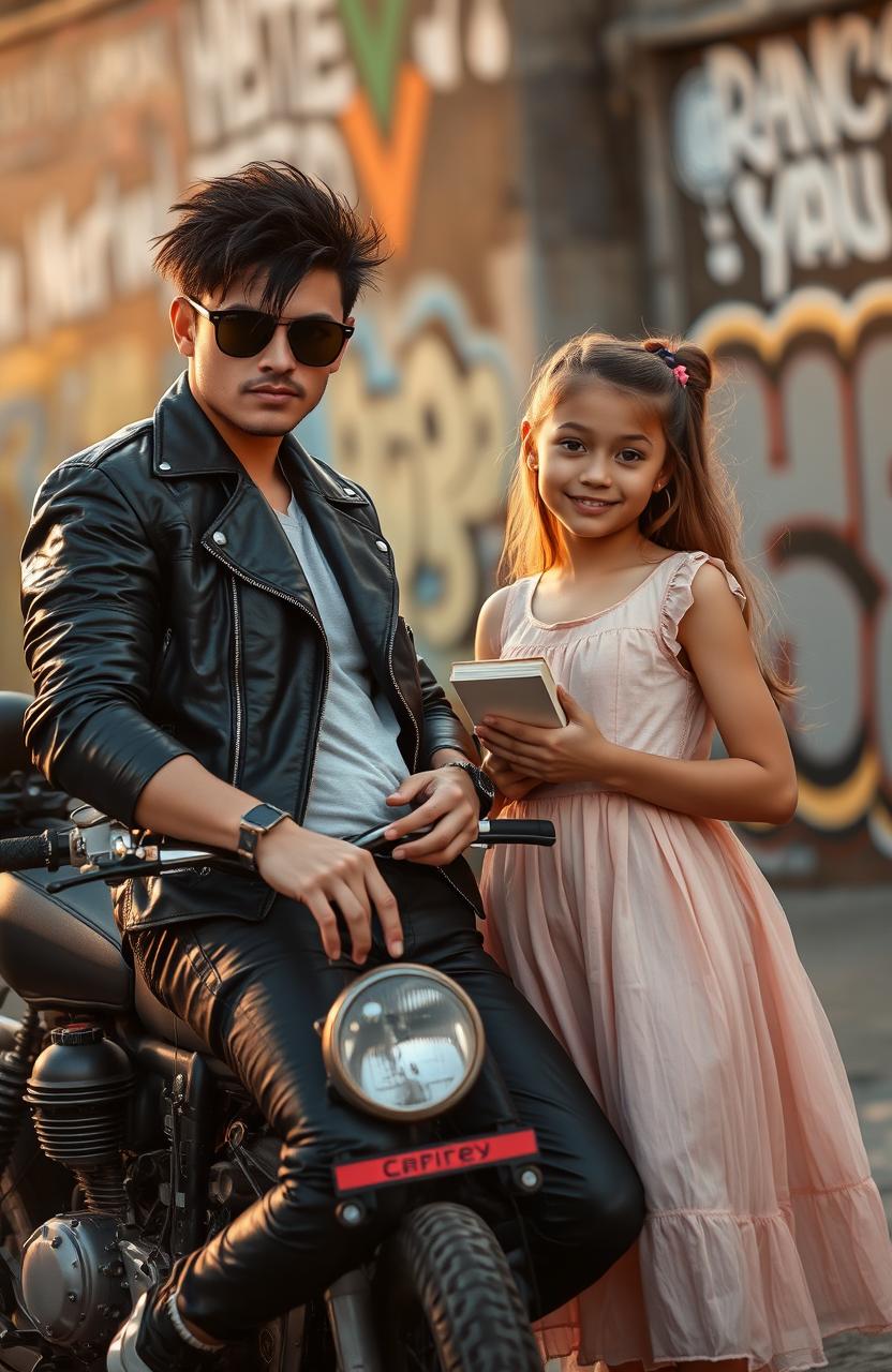 A bad boy in stylish black leather attire with a rugged look, leaning casually against a vintage motorcycle, exuding confidence and charm