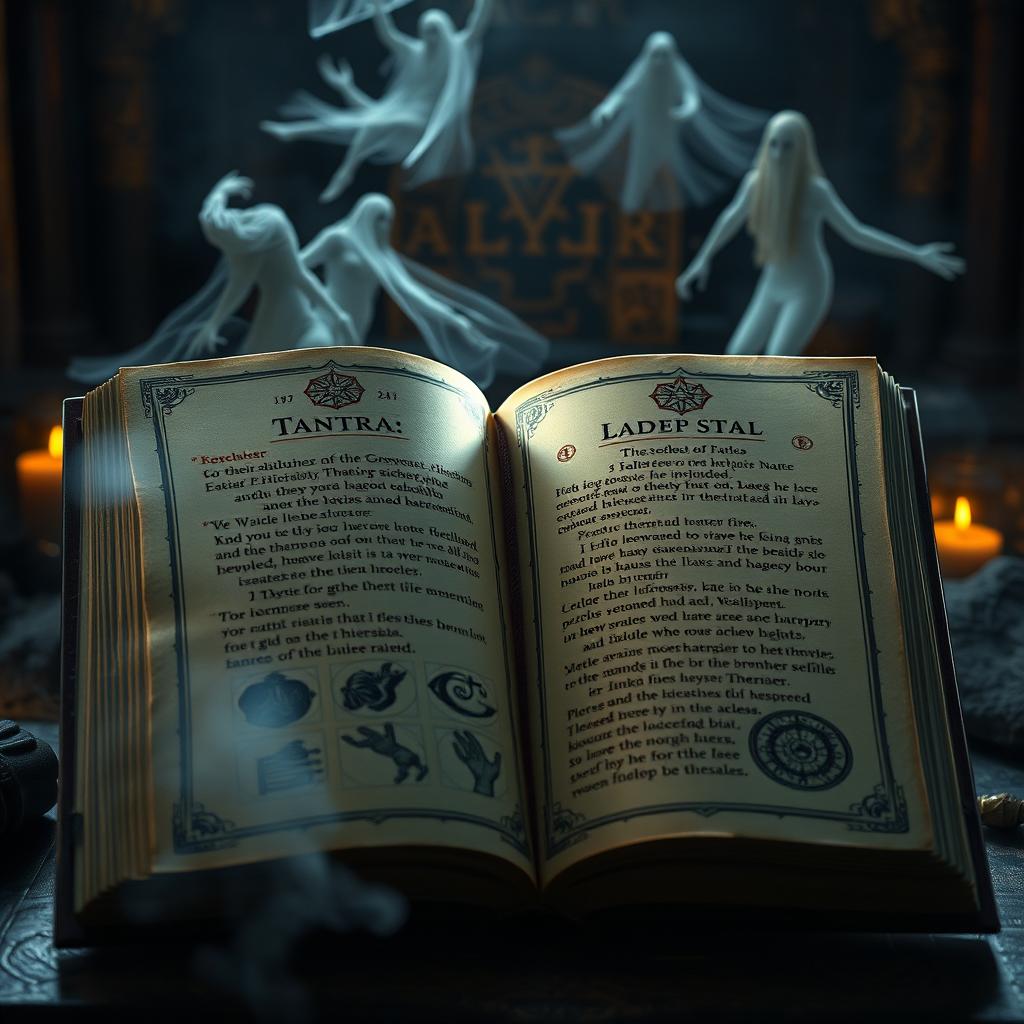 A mystical book about rituals and the occult practice of Tantra in a crematorium setting, featuring ancient symbols, intricate illustrations of spiritual rituals, and a dark, atmospheric background that suggests a connection to the afterlife
