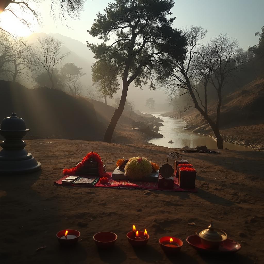 A serene, atmospheric scene in a traditional Hindu cremation ground (श्मशान), showcasing a peaceful setting with soft, warm sunlight filtering through the trees