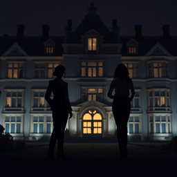 Against the backdrop of a large, imposing manor, two female silhouettes stand gracefully in the foreground