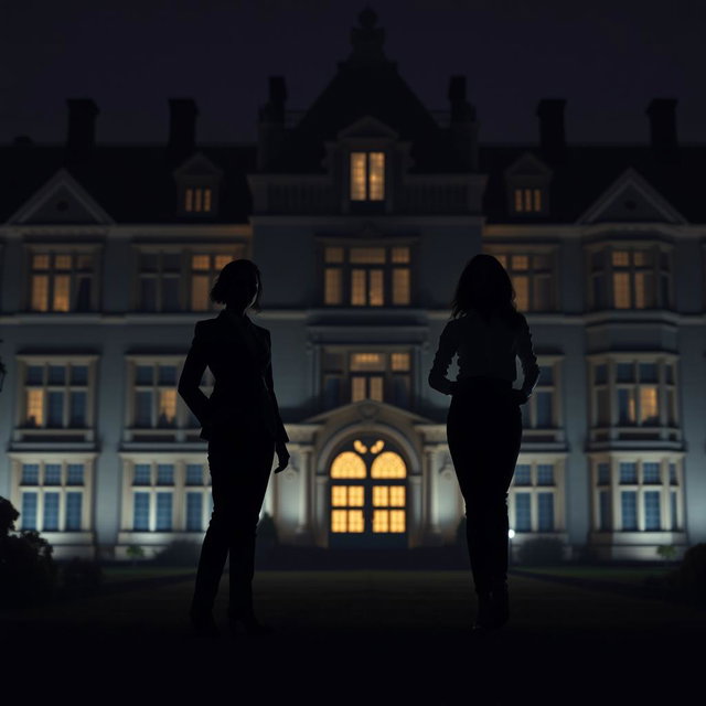 Against the backdrop of a large, imposing manor, two female silhouettes stand gracefully in the foreground