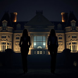 Against the backdrop of a large, imposing manor, two female silhouettes stand gracefully in the foreground