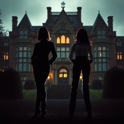 Against the backdrop of a large, imposing manor, two female silhouettes stand gracefully in the foreground