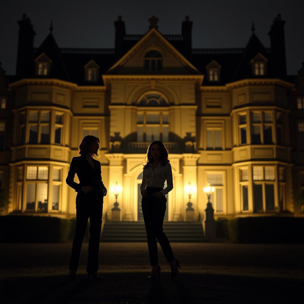 Against the backdrop of a large, imposing manor, two female silhouettes stand gracefully in the foreground