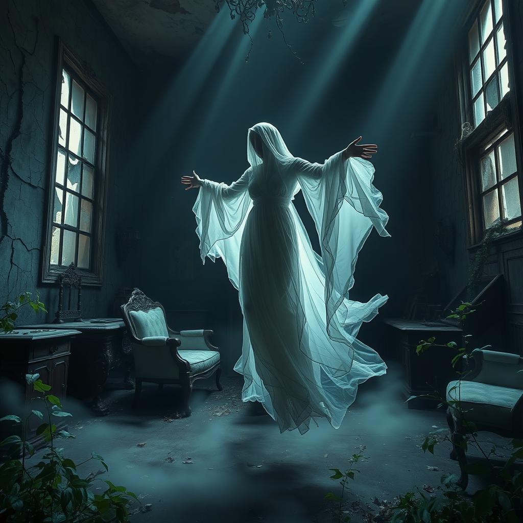 A stunningly ethereal and majestic ghost drifting gracefully through an old, atmospheric abandoned mansion