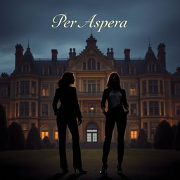 Against the backdrop of a large, impressive manor, two female silhouettes stand prominently in the foreground