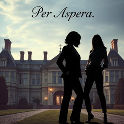 Against the backdrop of a large, impressive manor, two female silhouettes stand prominently in the foreground