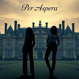Against the backdrop of a large, impressive manor, two female silhouettes stand prominently in the foreground