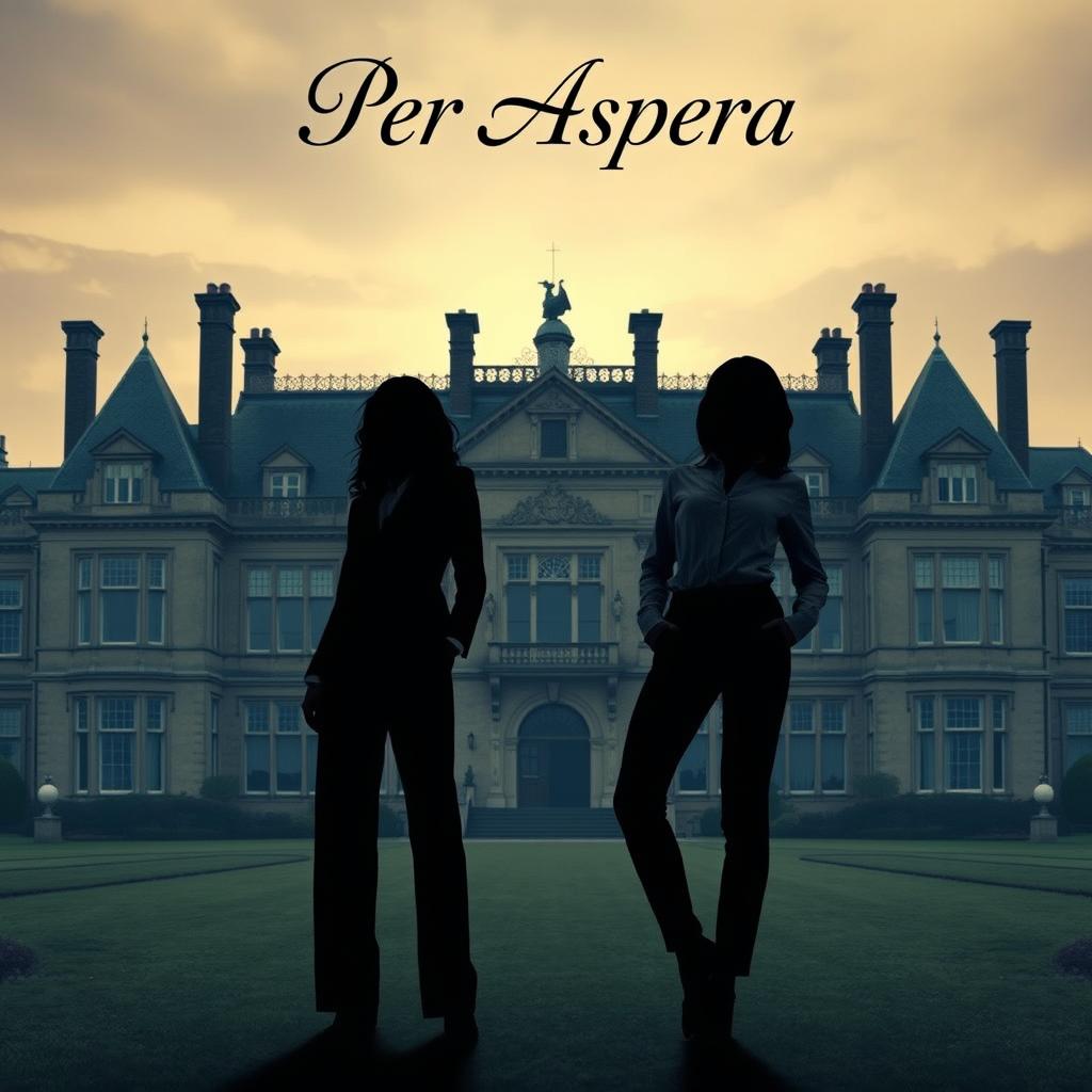 Against the backdrop of a large, impressive manor, two female silhouettes stand prominently in the foreground