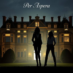 Against the backdrop of a large, impressive manor, two female silhouettes stand prominently in the foreground