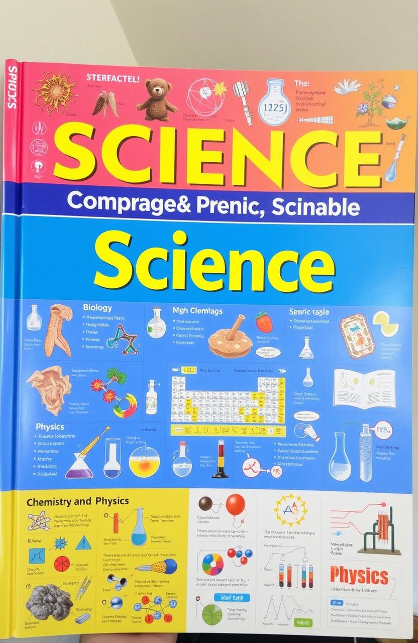 A comprehensive science textbook covering biology, chemistry, and physics, featuring colorful diagrams and illustrations representing key concepts from each subject