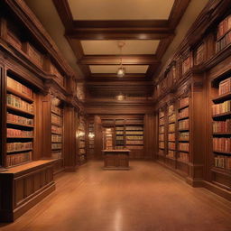 A captivating library interior boasting rows of wooden bookshelves stocked with multicolored book spines, plush reading seats under soft lighting, and a quiet atmosphere accentuated by the scent of old books.