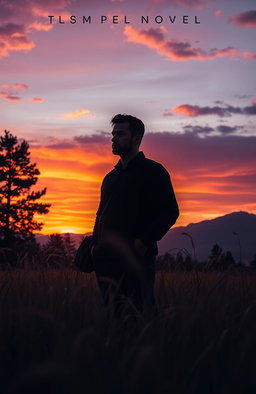 A captivating novel cover design featuring a serene natural landscape at dusk, with a dramatic sunset casting warm hues of orange and purple across the sky