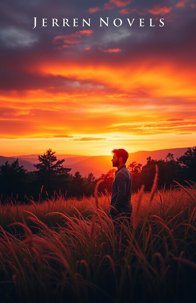 A captivating novel cover design featuring a serene natural landscape at dusk, with a dramatic sunset casting warm hues of orange and purple across the sky