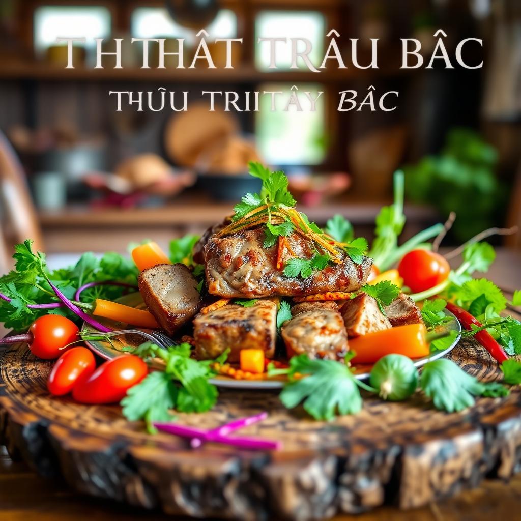 A beautifully presented dish featuring Thai buffalo meat, elegantly arranged on a rustic wooden table