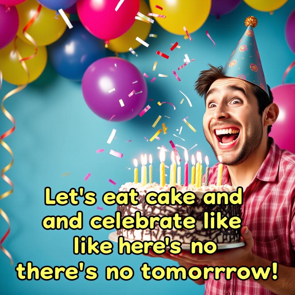 A joyful birthday scene featuring a cheerful man on the right side, wearing a colorful party hat and holding a large birthday cake with lit candles