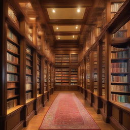 A captivating library interior boasting rows of wooden bookshelves stocked with multicolored book spines, plush reading seats under soft lighting, and a quiet atmosphere accentuated by the scent of old books.