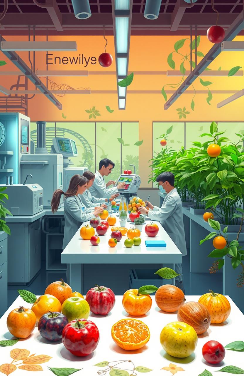 A vibrant and visually striking depiction of innovative approaches in fruit breeding