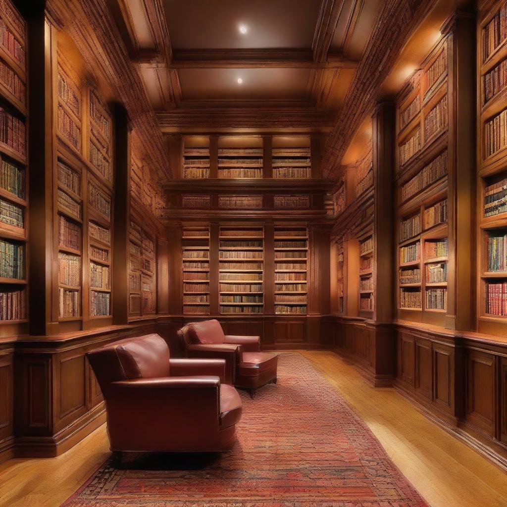 A captivating library interior boasting rows of wooden bookshelves stocked with multicolored book spines, plush reading seats under soft lighting, and a quiet atmosphere accentuated by the scent of old books.