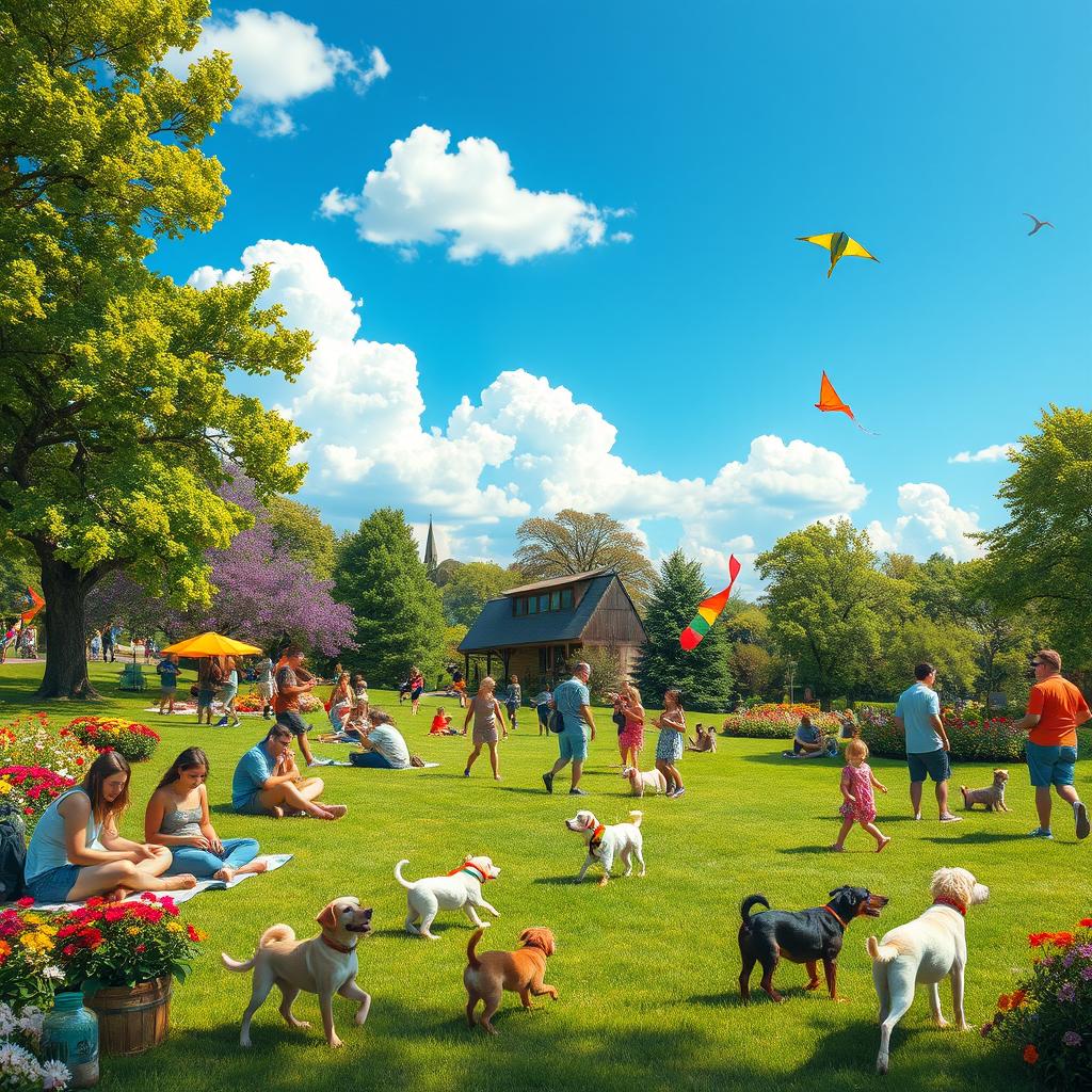 A vibrant and joyful scene featuring a lively park filled with people enjoying a sunny day