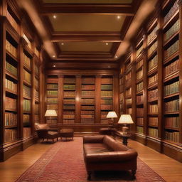 A captivating library interior boasting rows of wooden bookshelves stocked with multicolored book spines, plush reading seats under soft lighting, and a quiet atmosphere accentuated by the scent of old books.