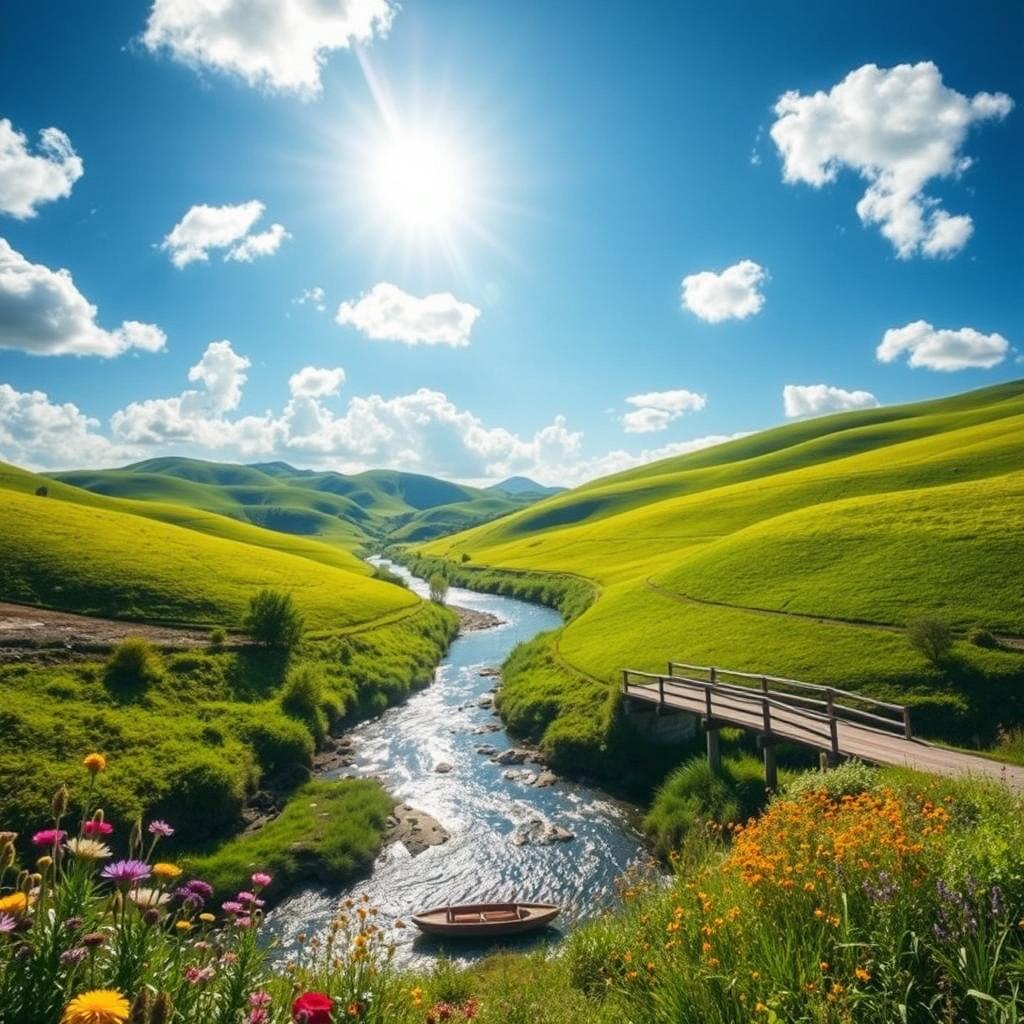 A high-quality, vibrant photo featuring a picturesque landscape with rolling green hills, a serene blue sky dotted with fluffy white clouds, and a meandering river reflecting the sunlight