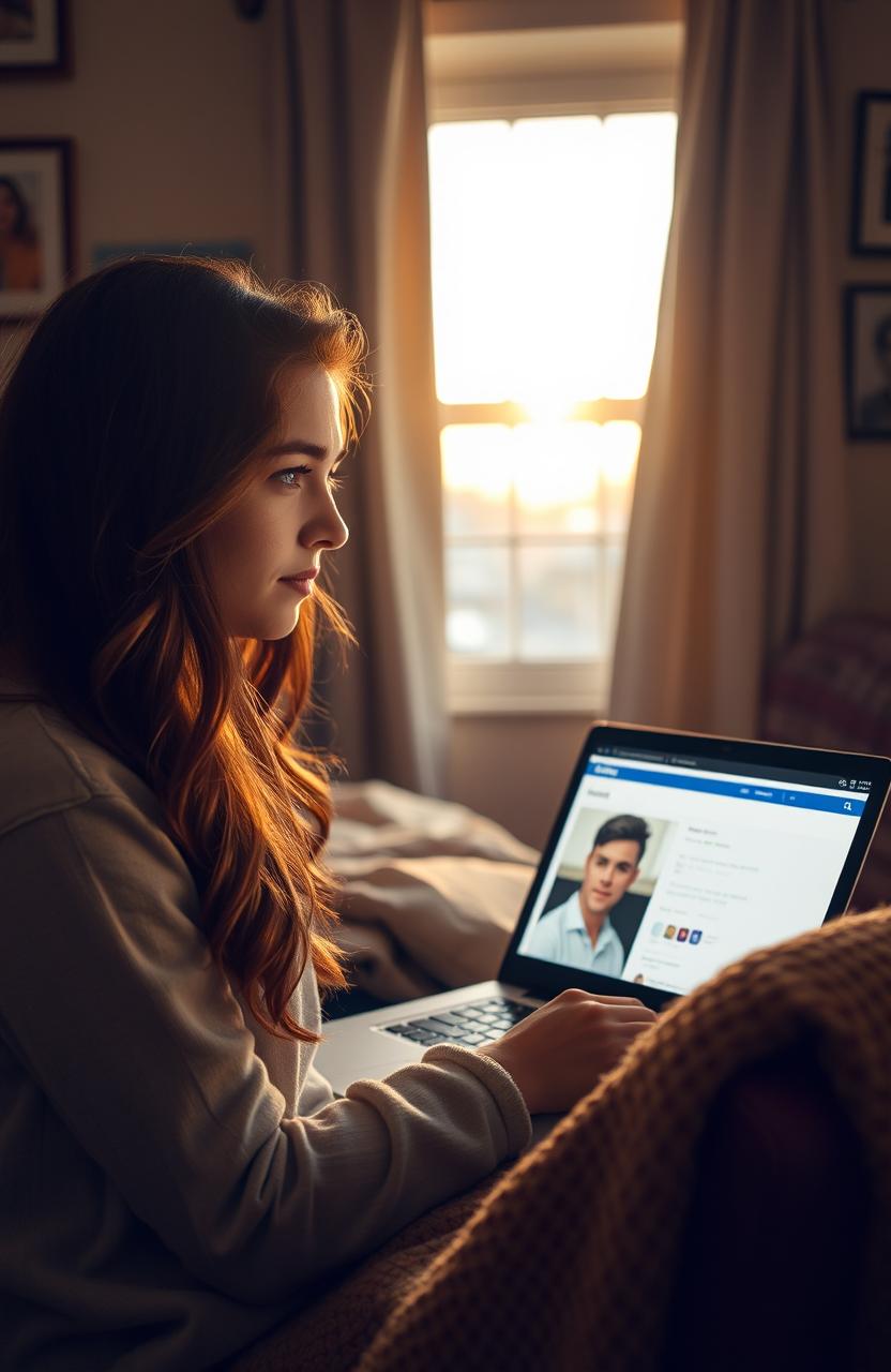 A young woman in her early twenties, with long wavy brown hair and a concerned expression, is sitting in a cozy room filled with warm lighting, looking at her laptop screen