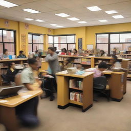 An energized school library scene bustling with activity. Students engrossed in reading and circulating, colorful lights creating a warm atmosphere, and a welcoming receptionist assisting from behind a special appointed desk.