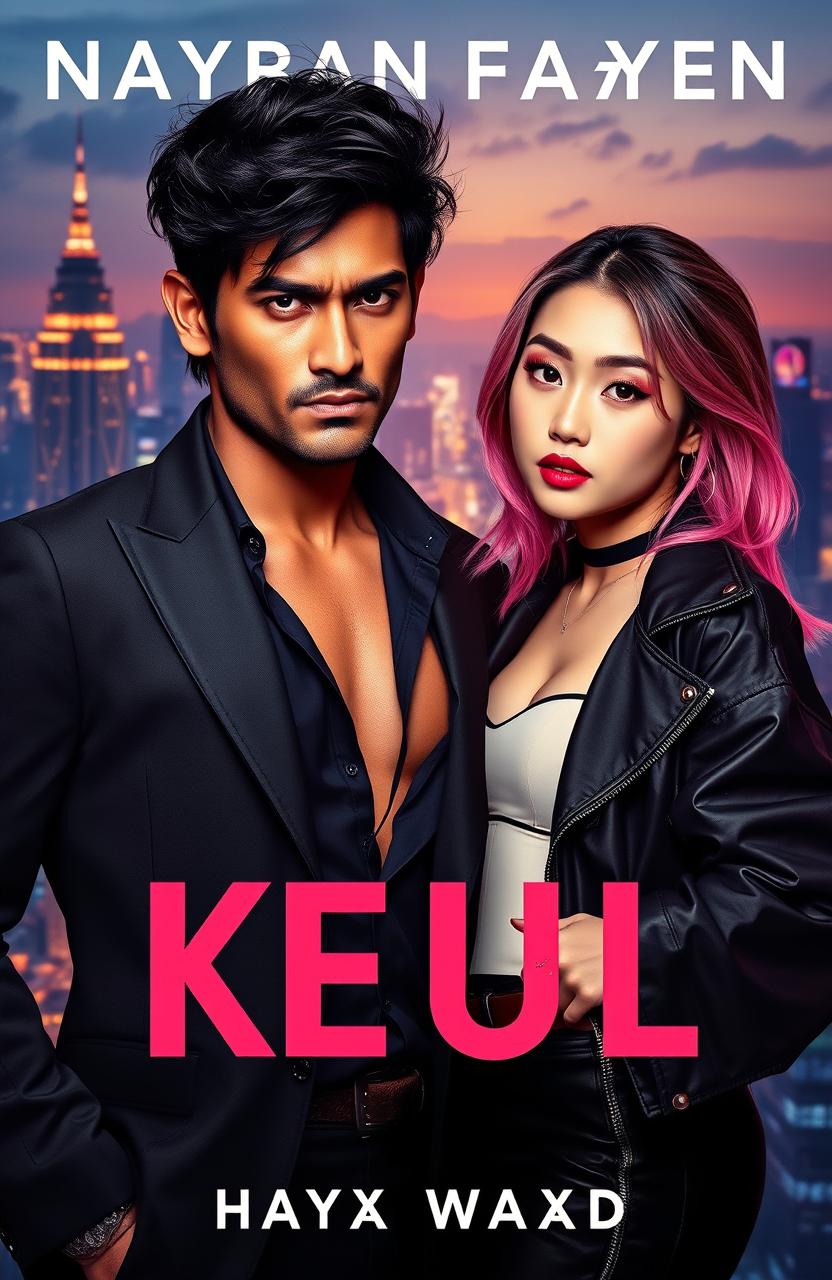 A striking book cover featuring a brooding Indian actor and a dazzling K-pop idol against a backdrop merging the glowing skylines of Hyderabad and Seoul