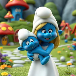 A 3D rendered image of a Smurf mother holding her Smurf child in a heartwarming and playful pose