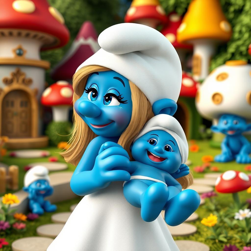 A 3D rendered image of a Smurf mother holding her Smurf child in a heartwarming and playful pose
