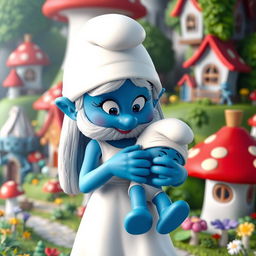 A 3D rendered image of a Smurf mother holding her Smurf child in a heartwarming and playful pose